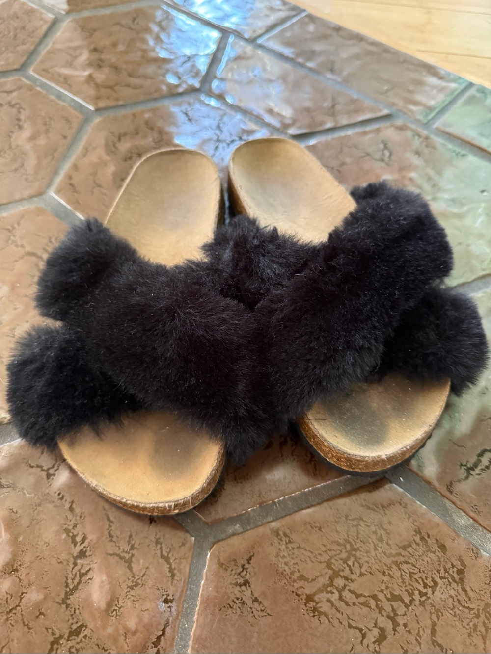 Black Faux-Fur Slide Sandals - Women's Comfortable Slip-On size EU  38 UK 5